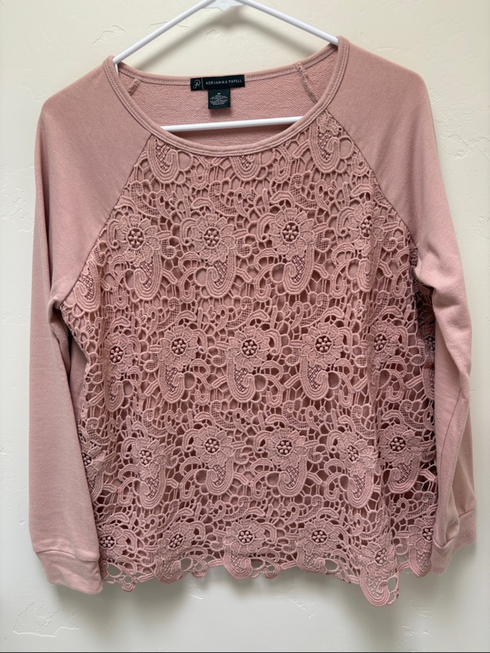 Adrianna Papell Blush Lace Front Pullover Sweatshirt